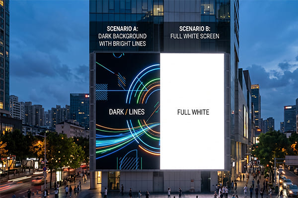 A media facade showing a dark background with bright lines versus a full white screen